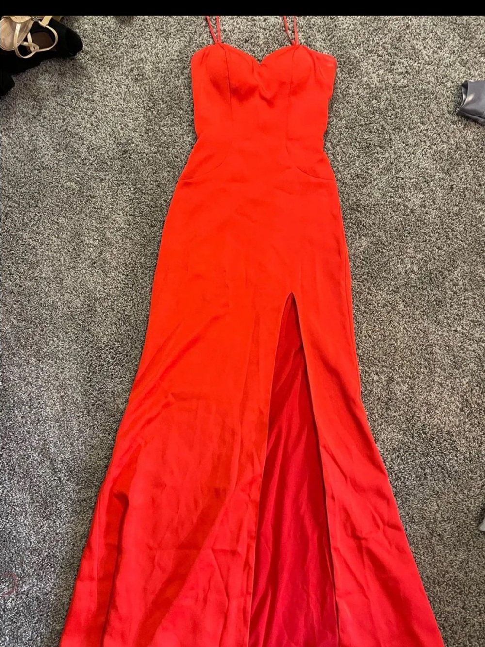 La Femme Red Strapless Sweetheart Evening Gown with Front Slit